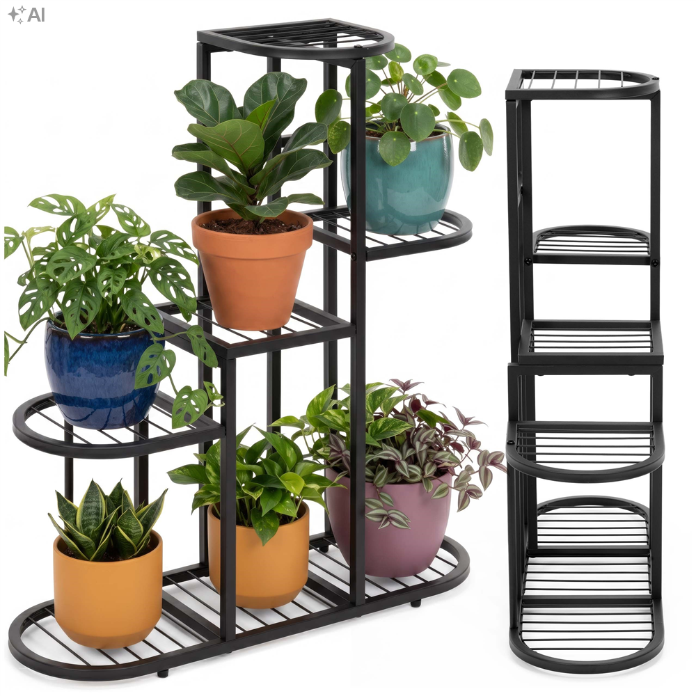 Suport metalic pentru flori si plante cu 5 rafturi si 7 locuri pentru ghivece, structura rezistenta din otel, maxim 30 kg, pentru living, balcon sau terasa acoperita, 70x23x79 cm, negru - imagine 5