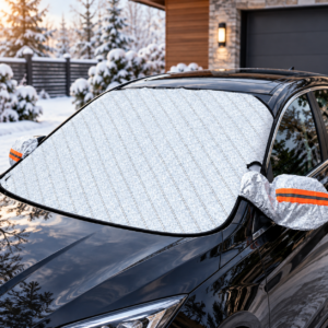 Protectie auto pentru parbriz vara si iarna, parasolar exterior antiinghet si antizapada, cu 6 magneti pentru fixare, oglinzi retrovizoare cu benzi reflectorizante, material190T rezistent, design pliabil pentru depozitare usoara, 147x120 cm, argintiu