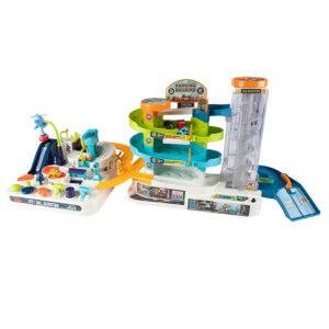 Parcare auto interactiva XL pentru copii 3 ani+, cu 3 niveluri, lift mobil pentru masinute, atelier mecanic cu elevator functional, pista auto, 6 masinute incluse, efecte luminoase si sonore, 70x27x30 cm, multicolor