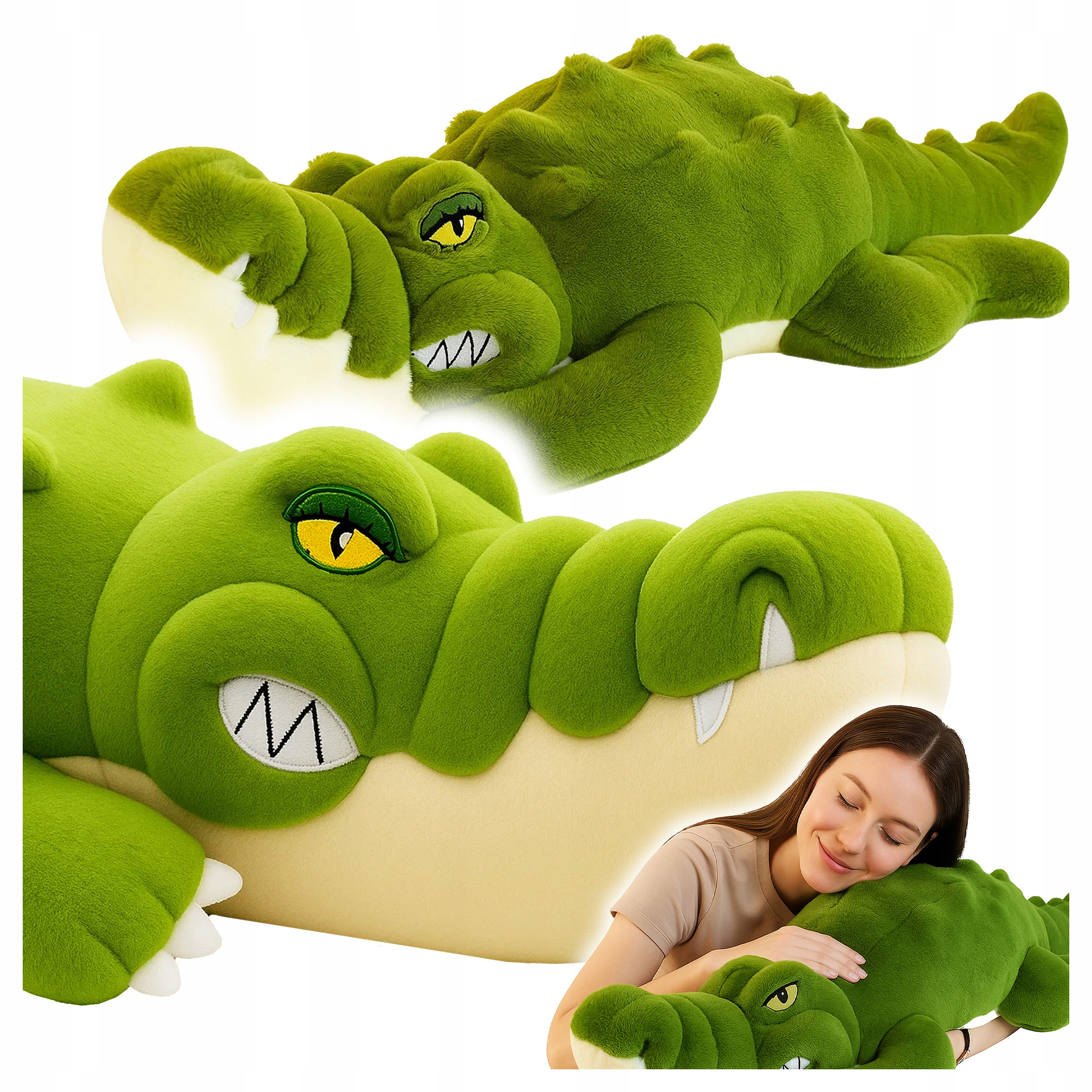 Jucarie de plus Crocodil urias 100 cm, multifunctionala 2 in 1, perna moale pentru imbratisat si relaxare, umplutura elastica din fibre, ideala pentru joaca, dormit si decorarea camerei copiilor, 3+ ani, 100x35 cm, verde - imagine 3