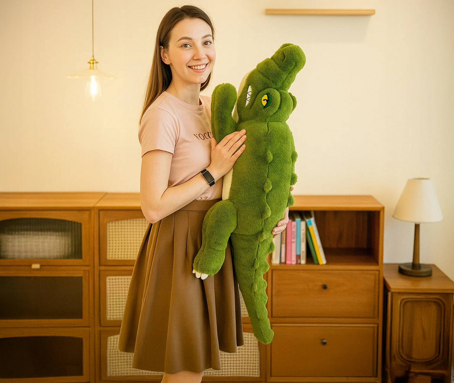 Jucarie de plus Crocodil urias 100 cm, multifunctionala 2 in 1, perna moale pentru imbratisat si relaxare, umplutura elastica din fibre, ideala pentru joaca, dormit si decorarea camerei copiilor, 3+ ani, 100x35 cm, verde - imagine 4