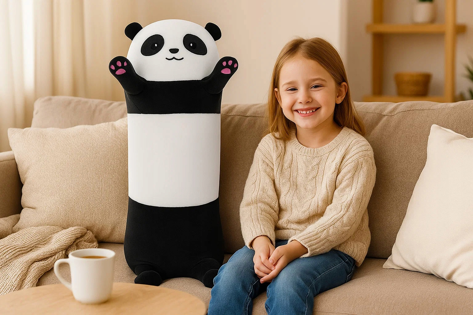 Jucarie de plus Panda urias 70 cm, multifunctionala 2 in 1, perna moale pentru imbratisat si relaxare, umplutura pufoasa din poliester, ideala pentru joaca, dormit sau decorarea camerei, 3+ ani, alb si negru - imagine 4