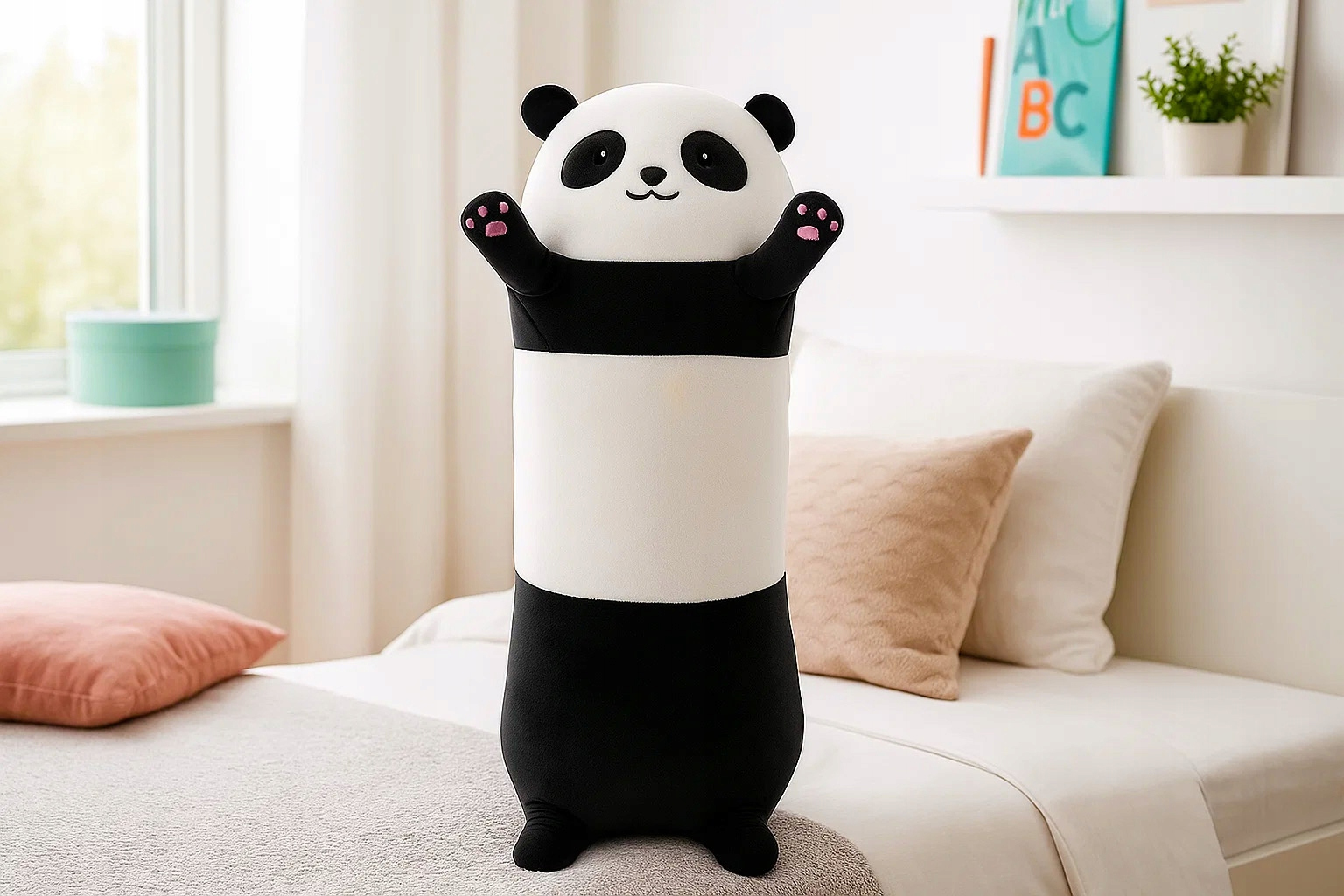 Jucarie de plus Panda urias 70 cm, multifunctionala 2 in 1, perna moale pentru imbratisat si relaxare, umplutura pufoasa din poliester, ideala pentru joaca, dormit sau decorarea camerei, 3+ ani, alb si negru - imagine 5
