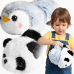 Jucarie de plus reversibila 2 in 1 Panda si Pinguin, transformabila prin intoarcere pentru 2 personaje intr-o singura jucarie, material moale si pufos din poliester, potrivita de la 0 luni+, 15x25 cm