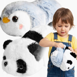 Jucarie de plus reversibila 2 in 1 Panda si Pinguin, transformabila prin intoarcere pentru 2 personaje intr-o singura jucarie, material moale si pufos din poliester, potrivita de la 0 luni+, 15x25 cm