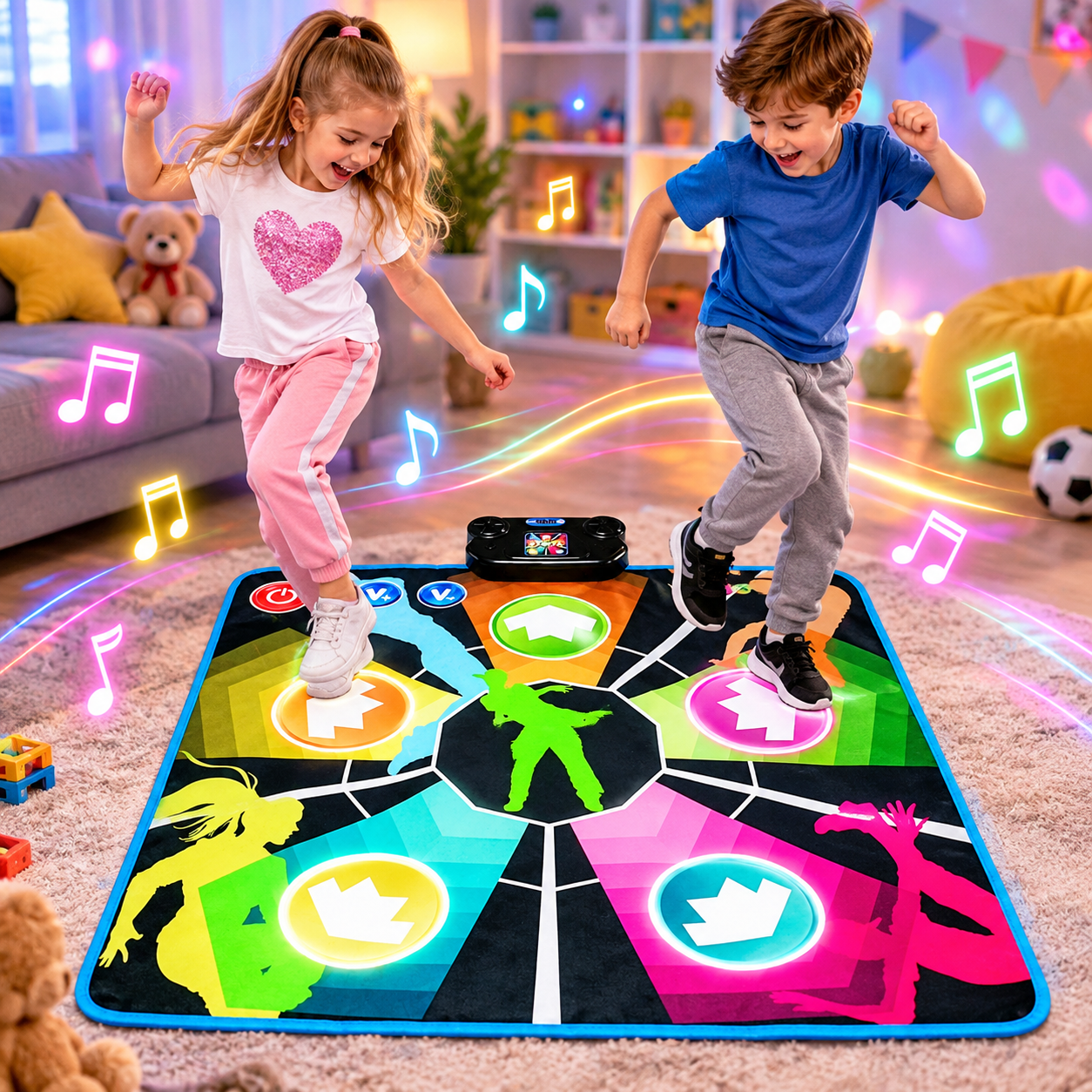 Covoras de dans muzical interactiv pentru copii 3 ani+, cu 4 moduri de joc si 9 melodii, lumini si sunete pentru distractie si dezvoltarea coordonarii, alimentare prin USB-C sau baterii AA, suprafata 90x90 cm, multicolor - imagine 4