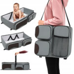 Geanta multifunctionala pentru mamici 3 in 1, cu functie de masa de infasat si patut portabil pentru bebelusi, design pliabil, 5 buzunare pentru scutece, biberoane si accesorii, pentru plimbari si calatorii, 75x40x20 cm deschisa, gri