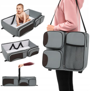 Geanta multifunctionala pentru mamici 3 in 1, cu functie de masa de infasat si patut portabil pentru bebelusi, design pliabil, 5 buzunare pentru scutece, biberoane si accesorii, pentru plimbari si calatorii, 75x40x20 cm deschisa, gri