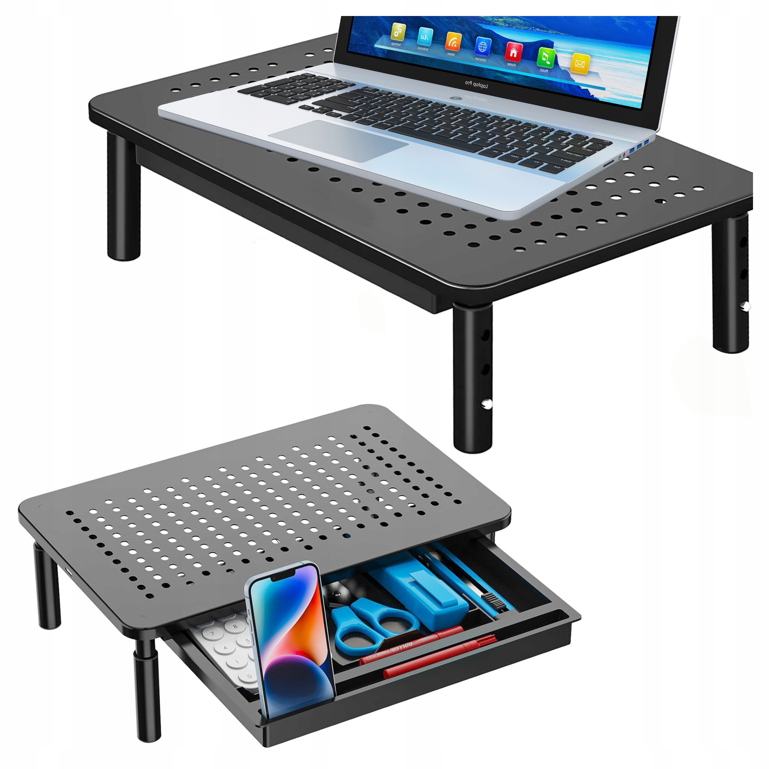 Suport multifunctional reglabil pentru laptop, monitor si imprimanta, cu 3 trepte de ajustare a inaltimii, sertar integrat pentru depozitarea accesoriilor de birou, design ventilat pentru disiparea caldurii, 37x24x4 cm, negru - imagine 3
