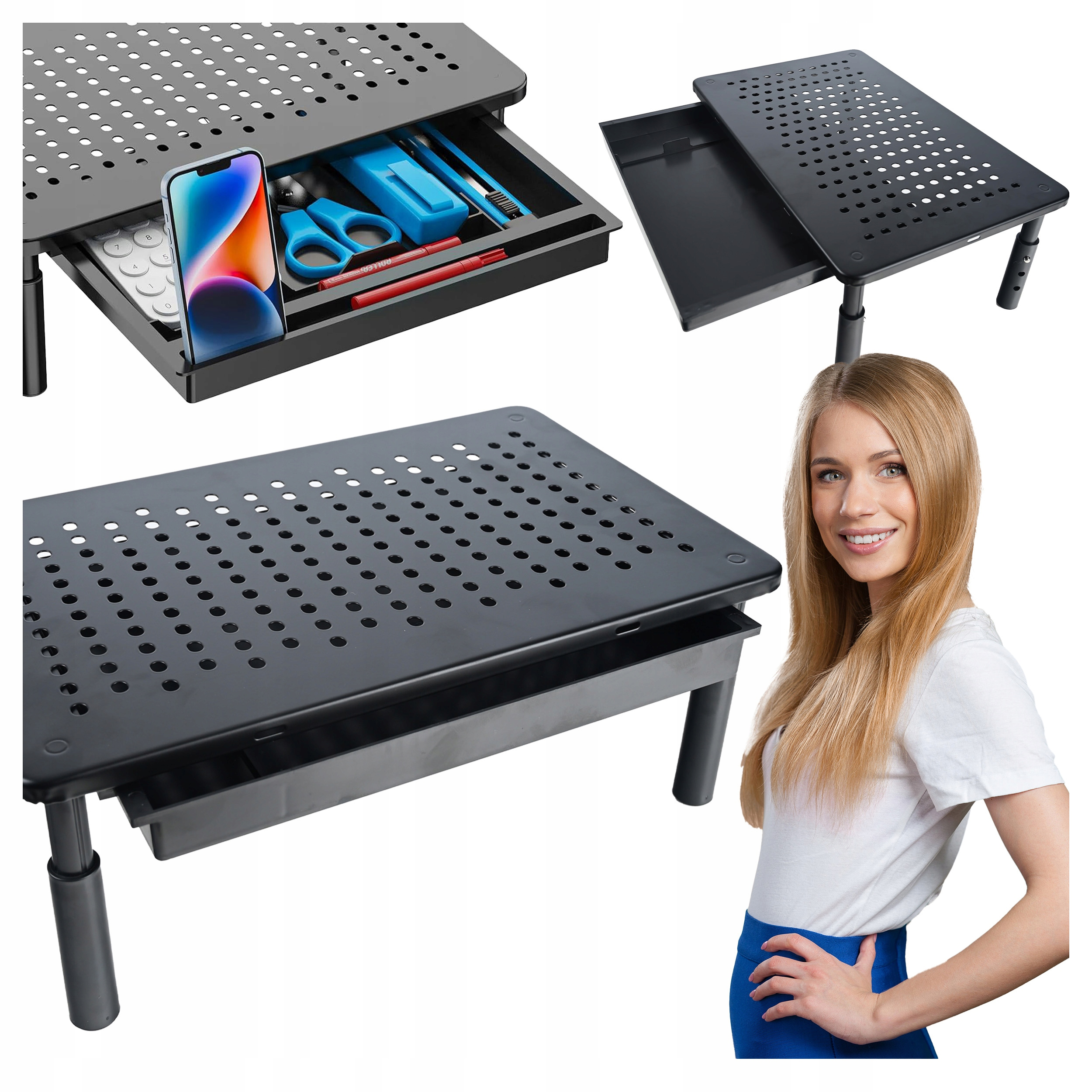 Suport multifunctional reglabil pentru laptop, monitor si imprimanta, cu 3 trepte de ajustare a inaltimii, sertar integrat pentru depozitarea accesoriilor de birou, design ventilat pentru disiparea caldurii, 37x24x4 cm, negru - imagine 5