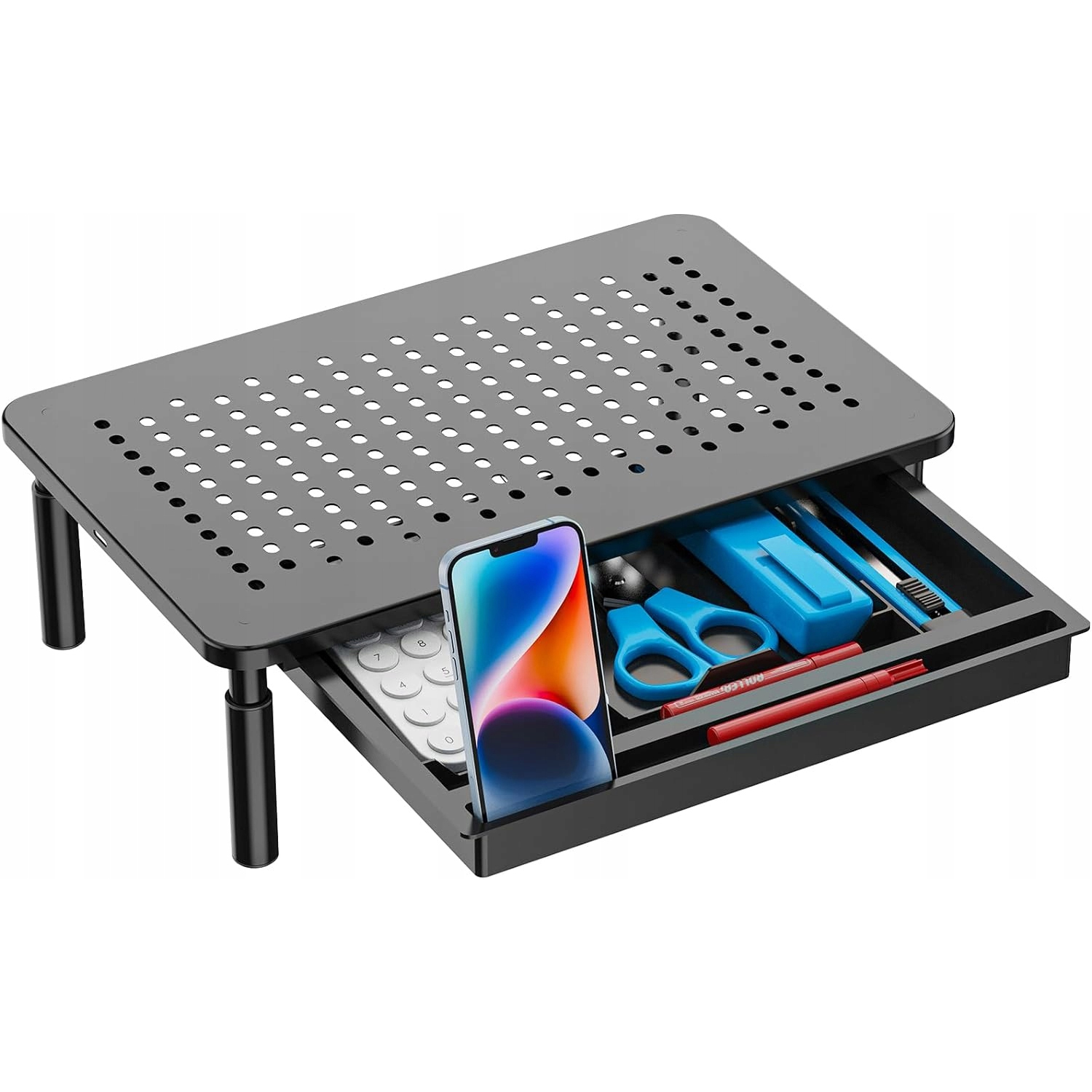 Suport multifunctional reglabil pentru laptop, monitor si imprimanta, cu 3 trepte de ajustare a inaltimii, sertar integrat pentru depozitarea accesoriilor de birou, design ventilat pentru disiparea caldurii, 37x24x4 cm, negru - imagine 10