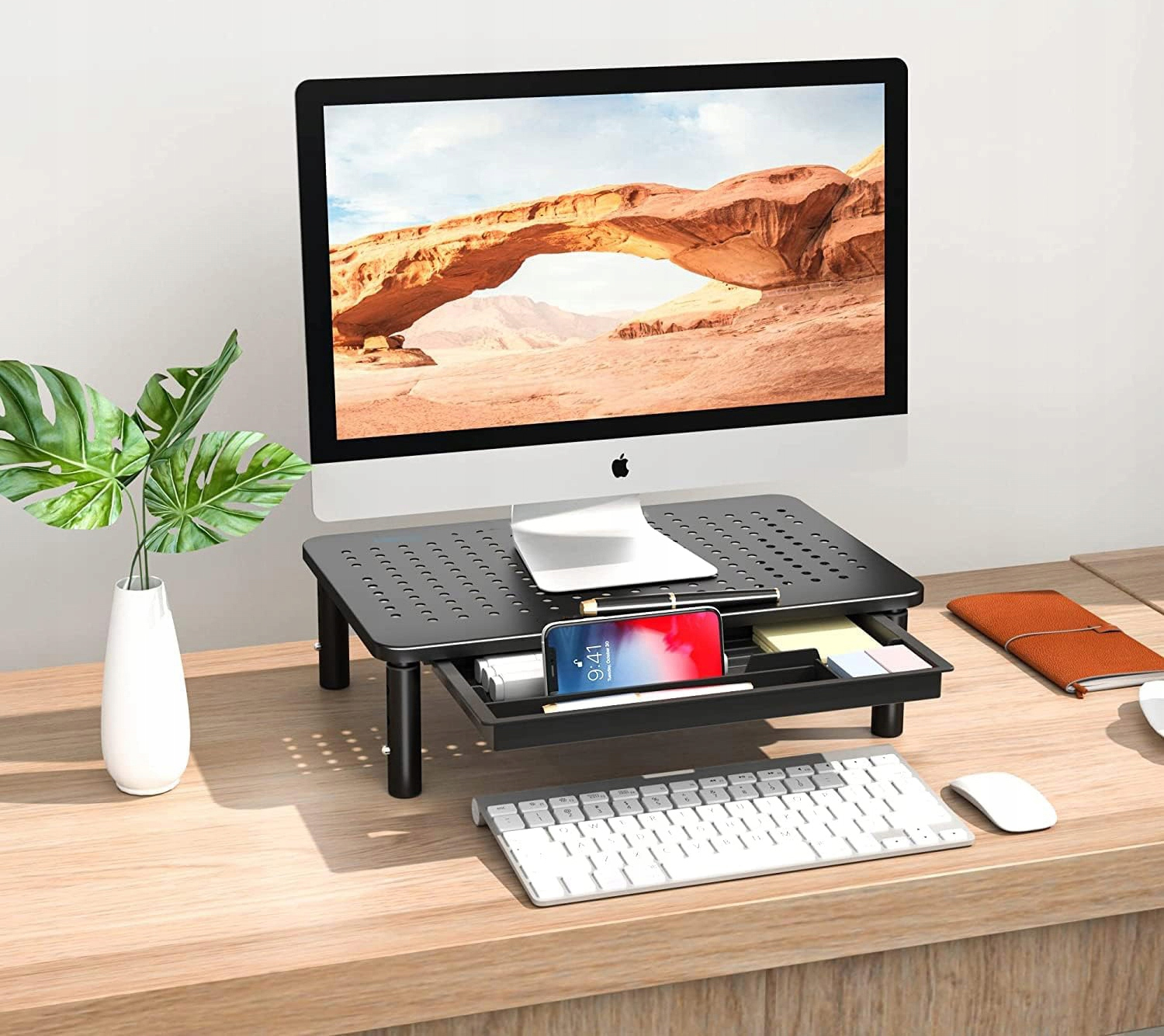 Suport multifunctional reglabil pentru laptop, monitor si imprimanta, cu 3 trepte de ajustare a inaltimii, sertar integrat pentru depozitarea accesoriilor de birou, design ventilat pentru disiparea caldurii, 37x24x4 cm, negru - imagine 6