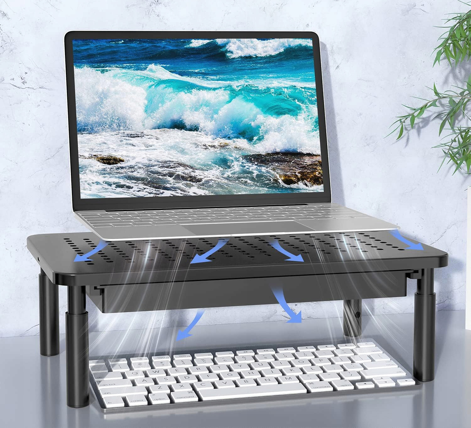 Suport multifunctional reglabil pentru laptop, monitor si imprimanta, cu 3 trepte de ajustare a inaltimii, sertar integrat pentru depozitarea accesoriilor de birou, design ventilat pentru disiparea caldurii, 37x24x4 cm, negru - imagine 8