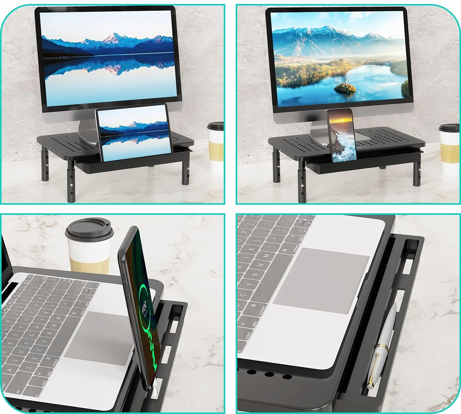 Suport multifunctional reglabil pentru laptop, monitor si imprimanta, cu 3 trepte de ajustare a inaltimii, sertar integrat pentru depozitarea accesoriilor de birou, design ventilat pentru disiparea caldurii, 37x24x4 cm, negru - imagine 9