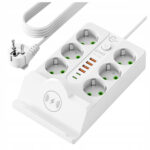 Prelungitor electric vertical tip turn cu 6 prize, 4 porturi USB-A si 2 porturi USB-C, incarcare wireless prin inductie pentru telefoane, maxim 2500 W, cablu de alimentare de 2 m, intrerupator ON/OFF