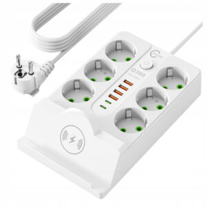 Prelungitor electric vertical tip turn cu 6 prize, 4 porturi USB-A si 2 porturi USB-C, incarcare wireless prin inductie pentru telefoane, maxim 2500 W, cablu de alimentare de 2 m, intrerupator ON/OFF