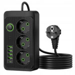 Prelungitor electric vertical tip turn cu 3 prize, 4 porturi USB-A si 1 port USB-C, alimentare simultana pana la 8 dispozitive, putere maxima 2500 W, cablu alimentare de 2 m, intrerupator ON/OFF cu indicator luminos