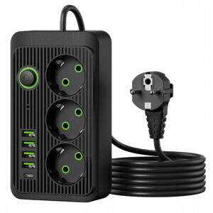 Prelungitor electric vertical tip turn cu 3 prize, 4 porturi USB-A si 1 port USB-C, alimentare simultana pana la 8 dispozitive, putere maxima 2500 W, cablu alimentare de 2 m, intrerupator ON/OFF cu indicator luminos
