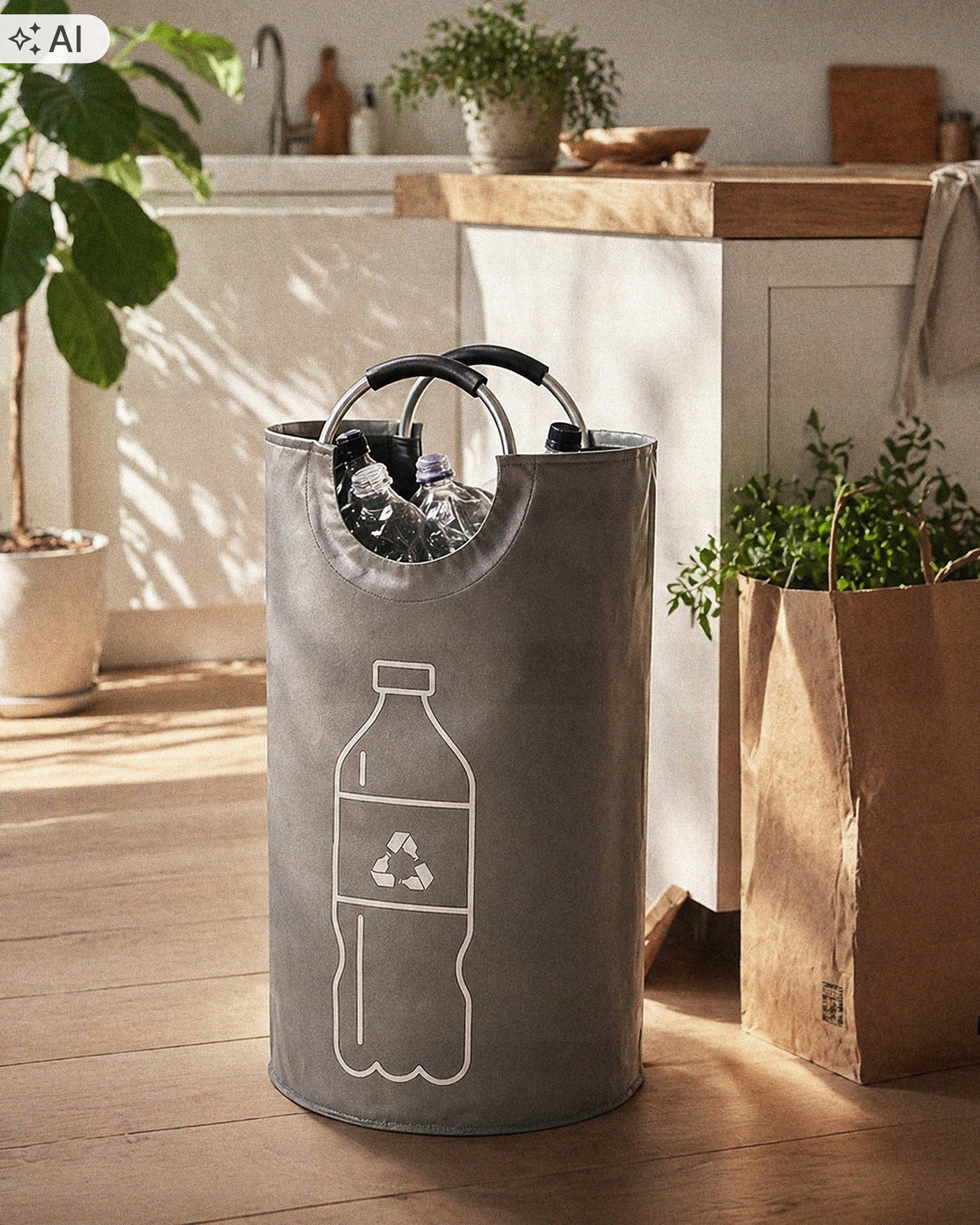 Cos pliabil pentru colectarea sticlelor si dozelor reciclabile SGR, capacitate 90 L, material Oxford rezistent, manere pentru transport, design compact pentru depozitare, ideal pentru casa, garaj sau pivnita, 38x72 cm, gri - imagine 11