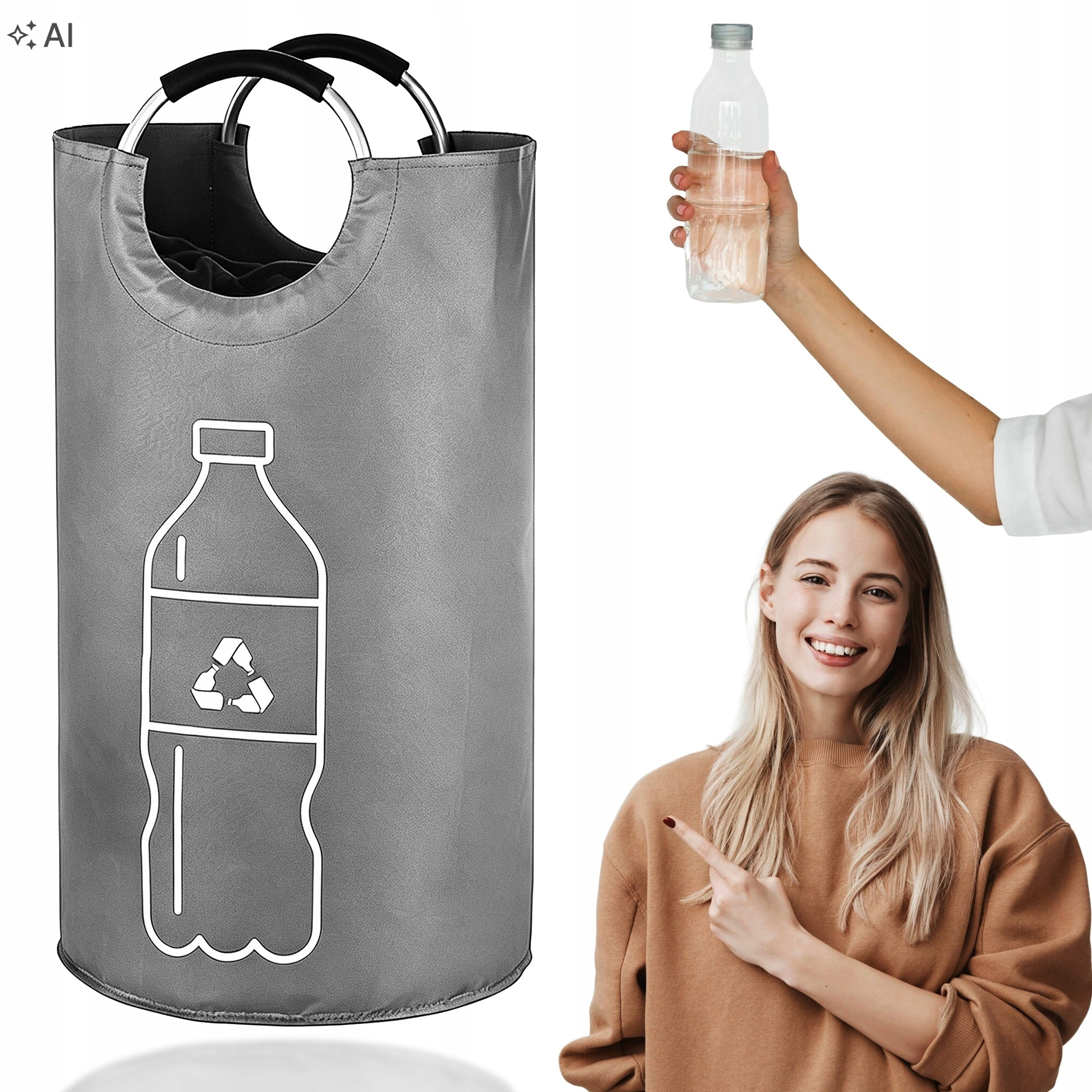 Cos pliabil pentru colectarea sticlelor si dozelor reciclabile SGR, capacitate 90 L, material Oxford rezistent, manere pentru transport, design compact pentru depozitare, ideal pentru casa, garaj sau pivnita, 38x72 cm, gri - imagine 4
