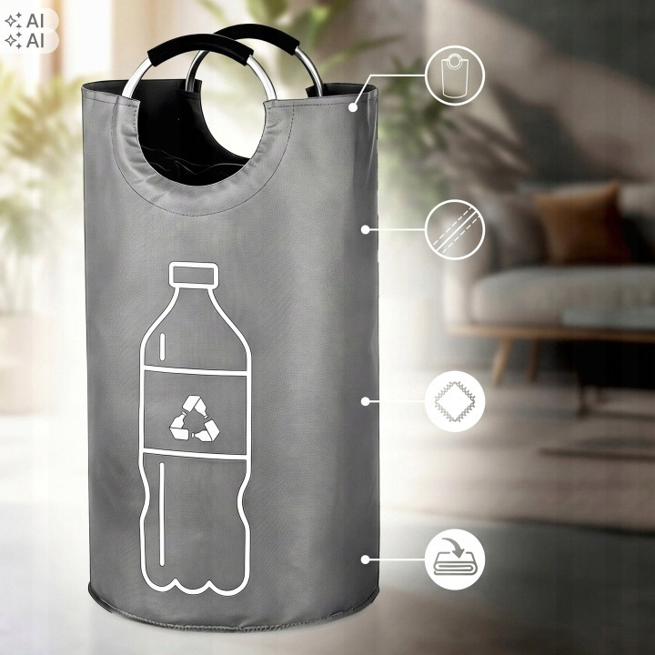 Cos pliabil pentru colectarea sticlelor si dozelor reciclabile SGR, capacitate 90 L, material Oxford rezistent, manere pentru transport, design compact pentru depozitare, ideal pentru casa, garaj sau pivnita, 38x72 cm, gri - imagine 5