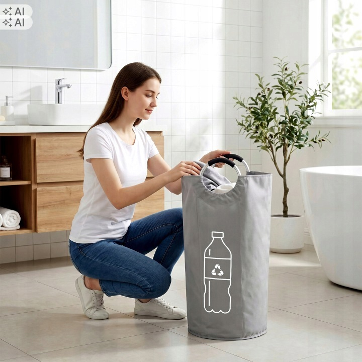 Cos pliabil pentru colectarea sticlelor si dozelor reciclabile SGR, capacitate 90 L, material Oxford rezistent, manere pentru transport, design compact pentru depozitare, ideal pentru casa, garaj sau pivnita, 38x72 cm, gri - imagine 8