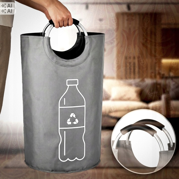 Cos pliabil pentru colectarea sticlelor si dozelor reciclabile SGR, capacitate 90 L, material Oxford rezistent, manere pentru transport, design compact pentru depozitare, ideal pentru casa, garaj sau pivnita, 38x72 cm, gri - imagine 9