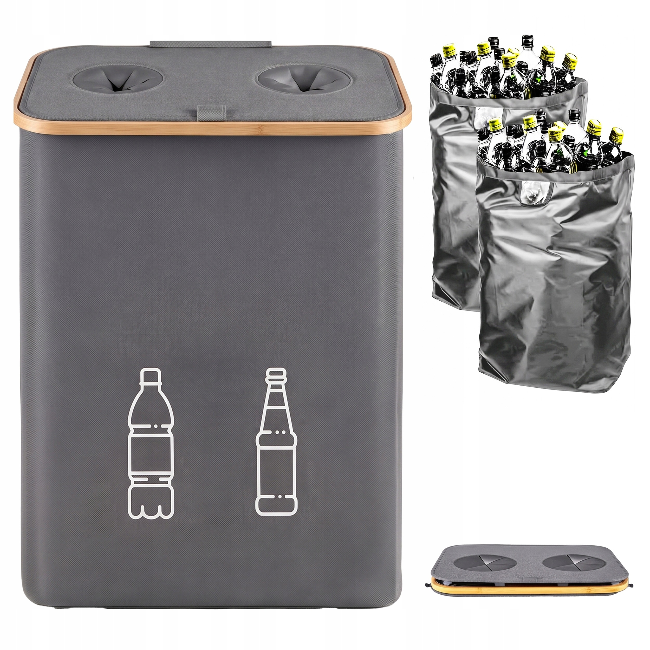 Cos pliabil pentru colectarea selectiva a sticlelor si dozelor reciclabile SGR, capacitate 160 L, 2 compartimente pentru sortare, capac din bambus cu 2 orificii pentru introducere rapida, saci interiori detasabili, material Oxford, 57x75 cm, negru - imagine 12