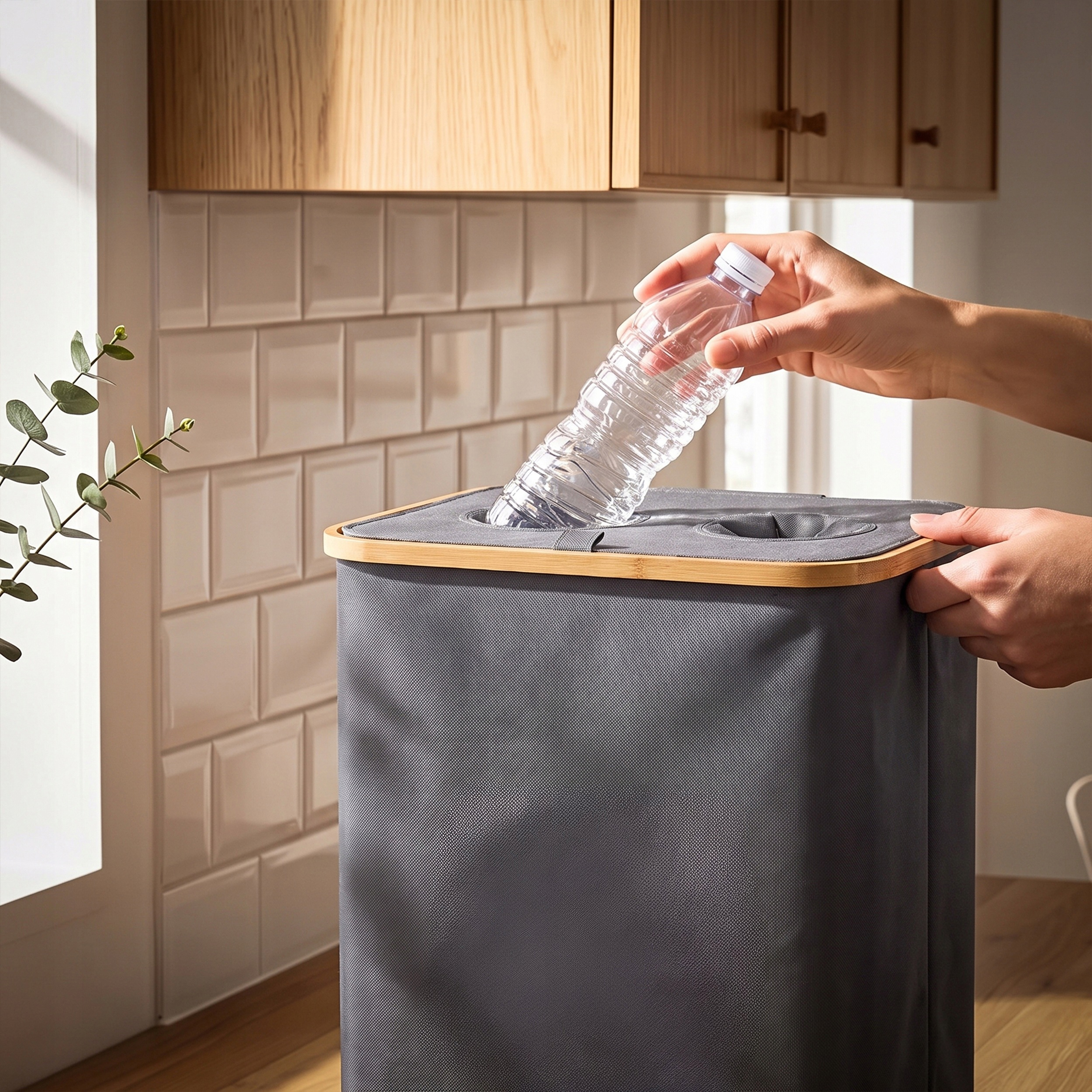 Cos pliabil pentru colectarea selectiva a sticlelor si dozelor reciclabile SGR, capacitate 160 L, 2 compartimente pentru sortare, capac din bambus cu 2 orificii pentru introducere rapida, saci interiori detasabili, material Oxford, 57x75 cm, negru - imagine 4