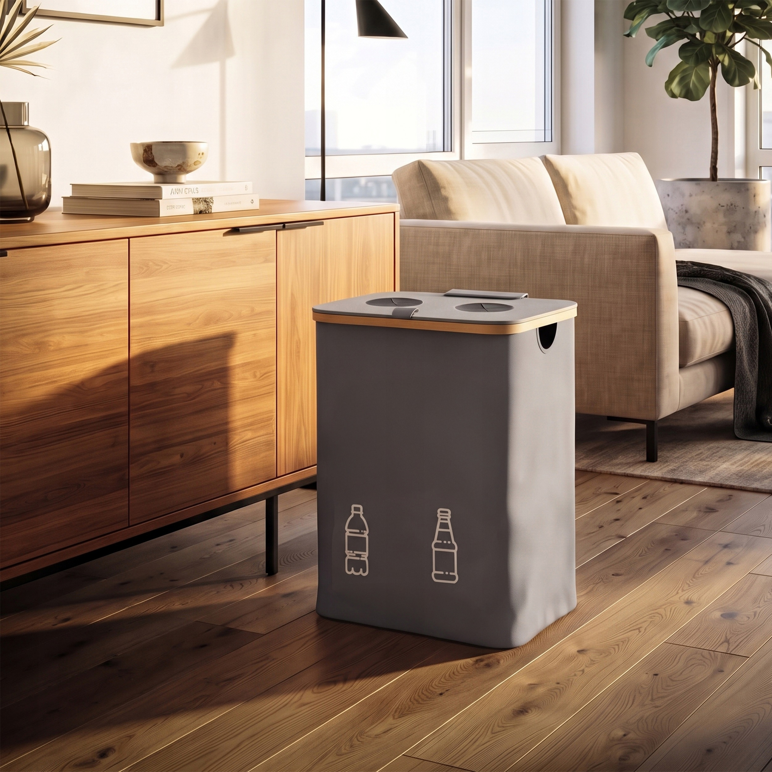 Cos pliabil pentru colectarea selectiva a sticlelor si dozelor reciclabile SGR, capacitate 160 L, 2 compartimente pentru sortare, capac din bambus cu 2 orificii pentru introducere rapida, saci interiori detasabili, material Oxford, 57x75 cm, negru - imagine 5