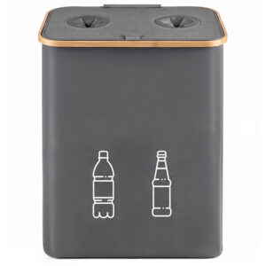 Cos pliabil pentru colectarea selectiva a sticlelor si dozelor reciclabile SGR, capacitate 160 L, 2 compartimente pentru sortare, capac din bambus cu 2 orificii pentru introducere rapida, saci interiori detasabili, material Oxford, 57x75 cm, negru