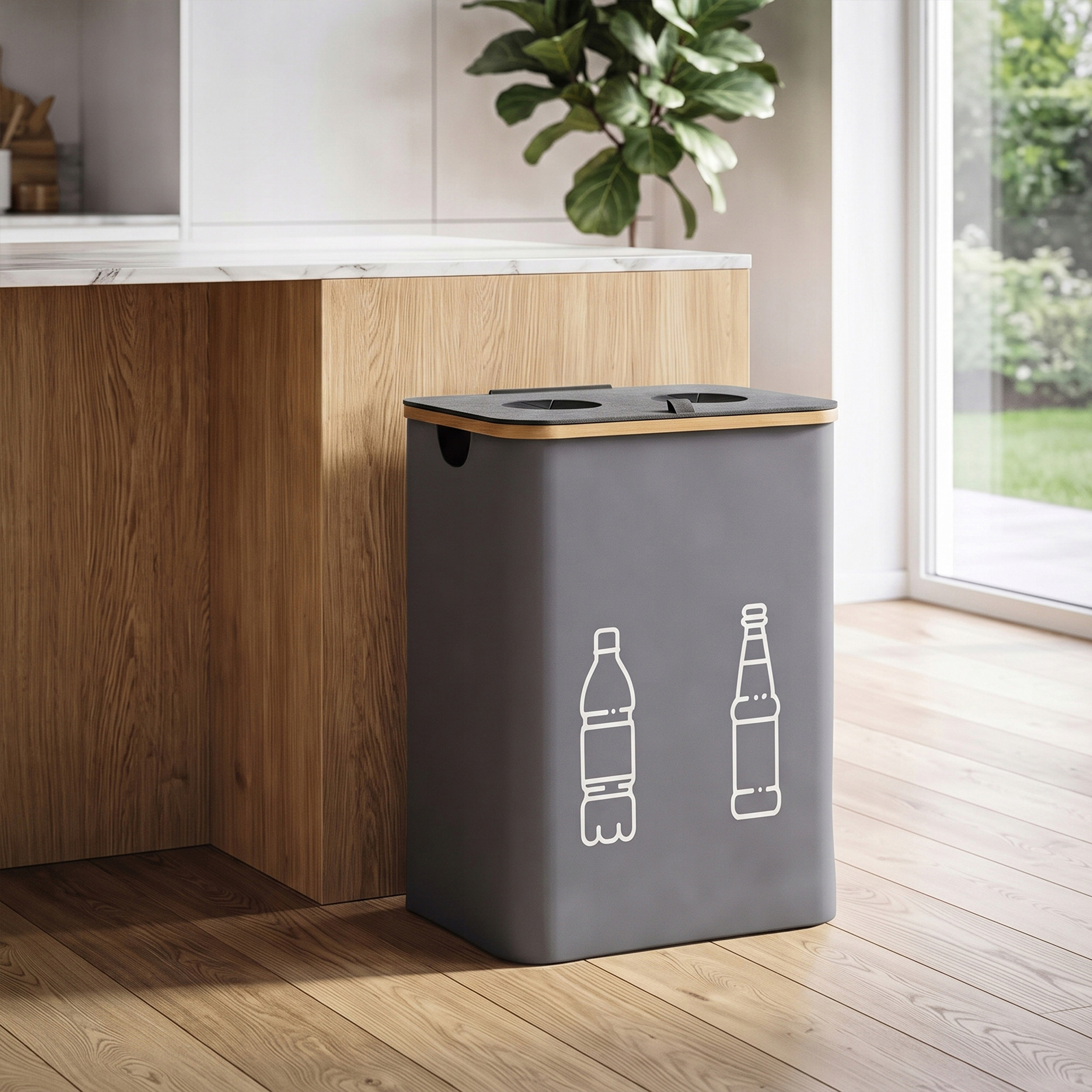 Cos pliabil pentru colectarea selectiva a sticlelor si dozelor reciclabile SGR, capacitate 160 L, 2 compartimente pentru sortare, capac din bambus cu 2 orificii pentru introducere rapida, saci interiori detasabili, material Oxford, 57x75 cm, negru - imagine 6