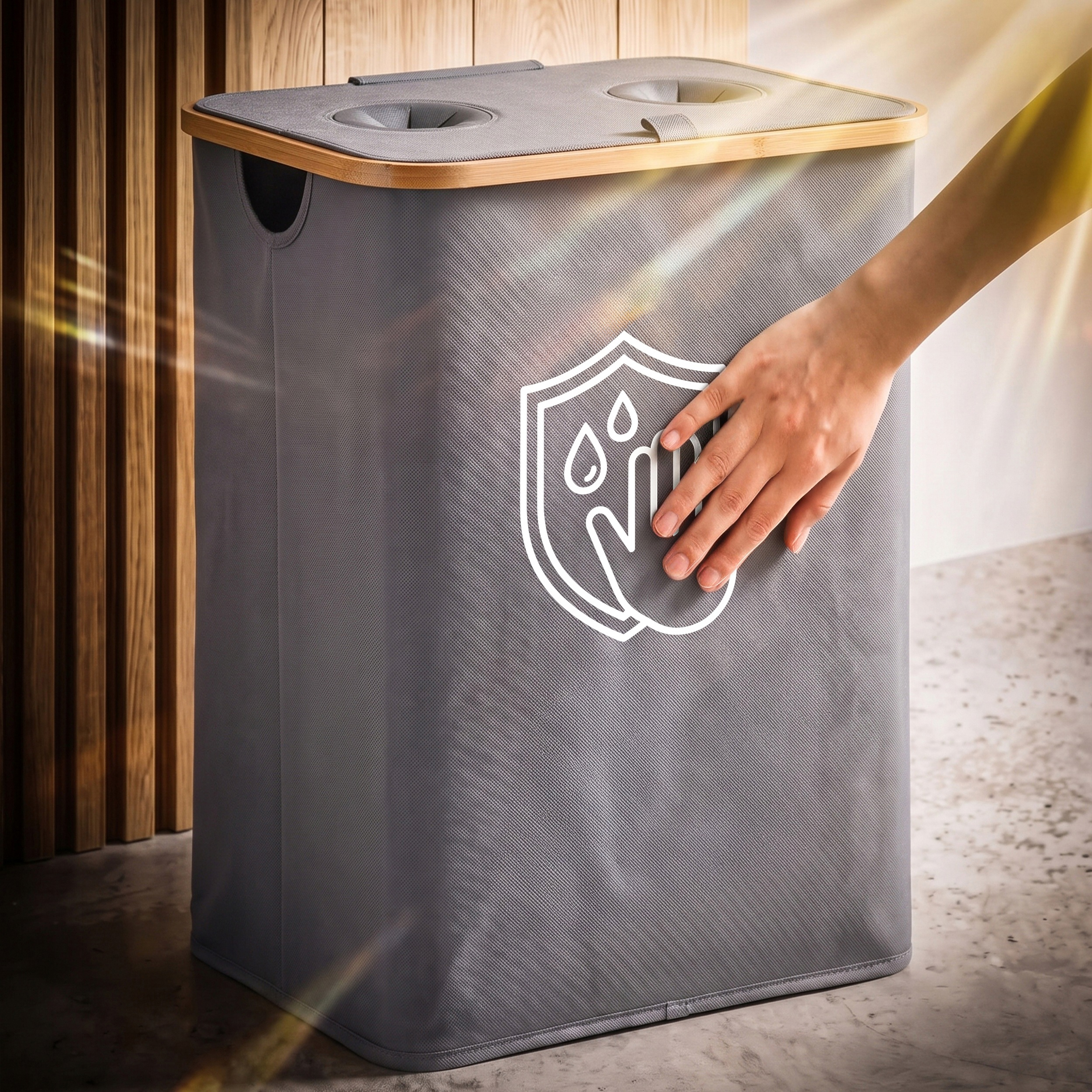 Cos pliabil pentru colectarea selectiva a sticlelor si dozelor reciclabile SGR, capacitate 160 L, 2 compartimente pentru sortare, capac din bambus cu 2 orificii pentru introducere rapida, saci interiori detasabili, material Oxford, 57x75 cm, negru - imagine 7