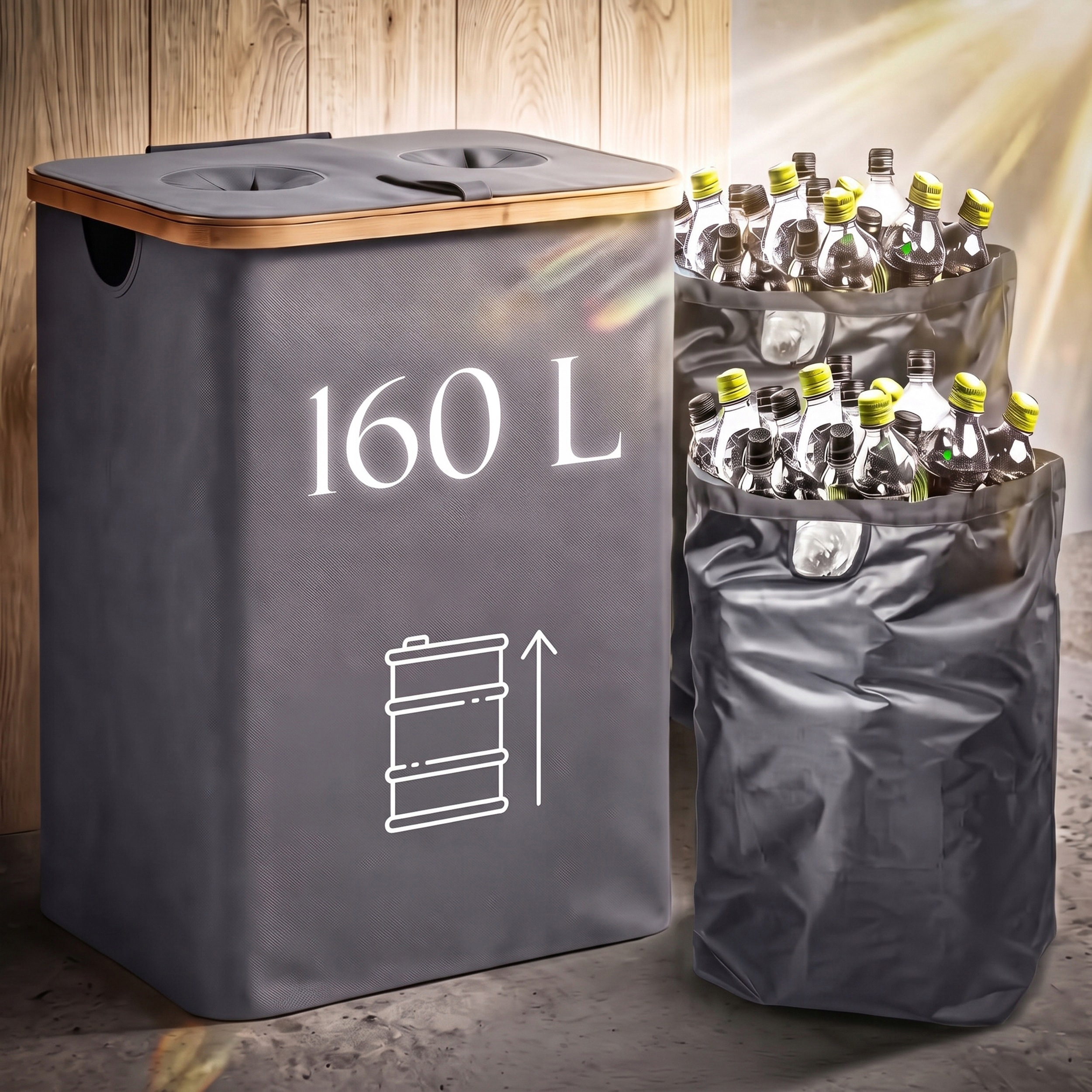 Cos pliabil pentru colectarea selectiva a sticlelor si dozelor reciclabile SGR, capacitate 160 L, 2 compartimente pentru sortare, capac din bambus cu 2 orificii pentru introducere rapida, saci interiori detasabili, material Oxford, 57x75 cm, negru - imagine 9