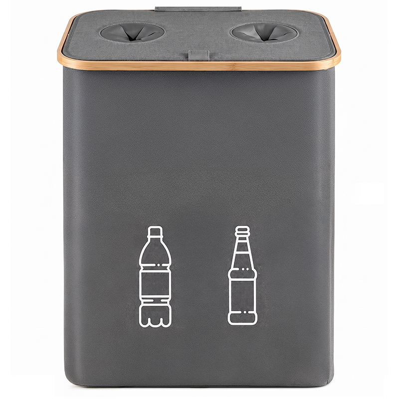 Cos pliabil pentru colectarea selectiva a sticlelor si dozelor reciclabile SGR, capacitate 160 L, 2 compartimente pentru sortare, capac din bambus cu 2 orificii pentru introducere rapida, saci interiori detasabili, material Oxford, 57x75 cm, negru