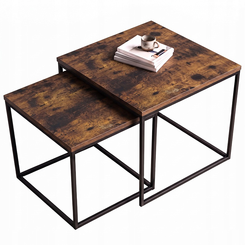 Set 2 masute de cafea tip cuib pentru living, design loft industrial cu cadru metalic, utilizare impreuna sau separat, suprapunere pentru economisirea spatiului, 40x40x45 cm si 30x30x40 cm, maro si negru