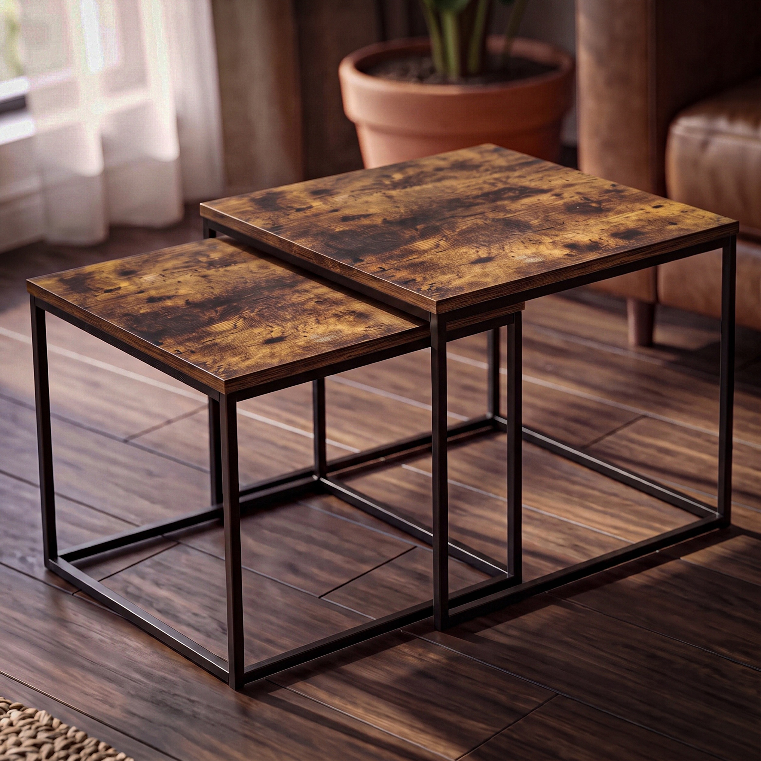 Set 2 masute de cafea tip cuib pentru living, design loft industrial cu cadru metalic, utilizare impreuna sau separat, suprapunere pentru economisirea spatiului, 40x40x45 cm si 30x30x40 cm, maro si negru - imagine 4