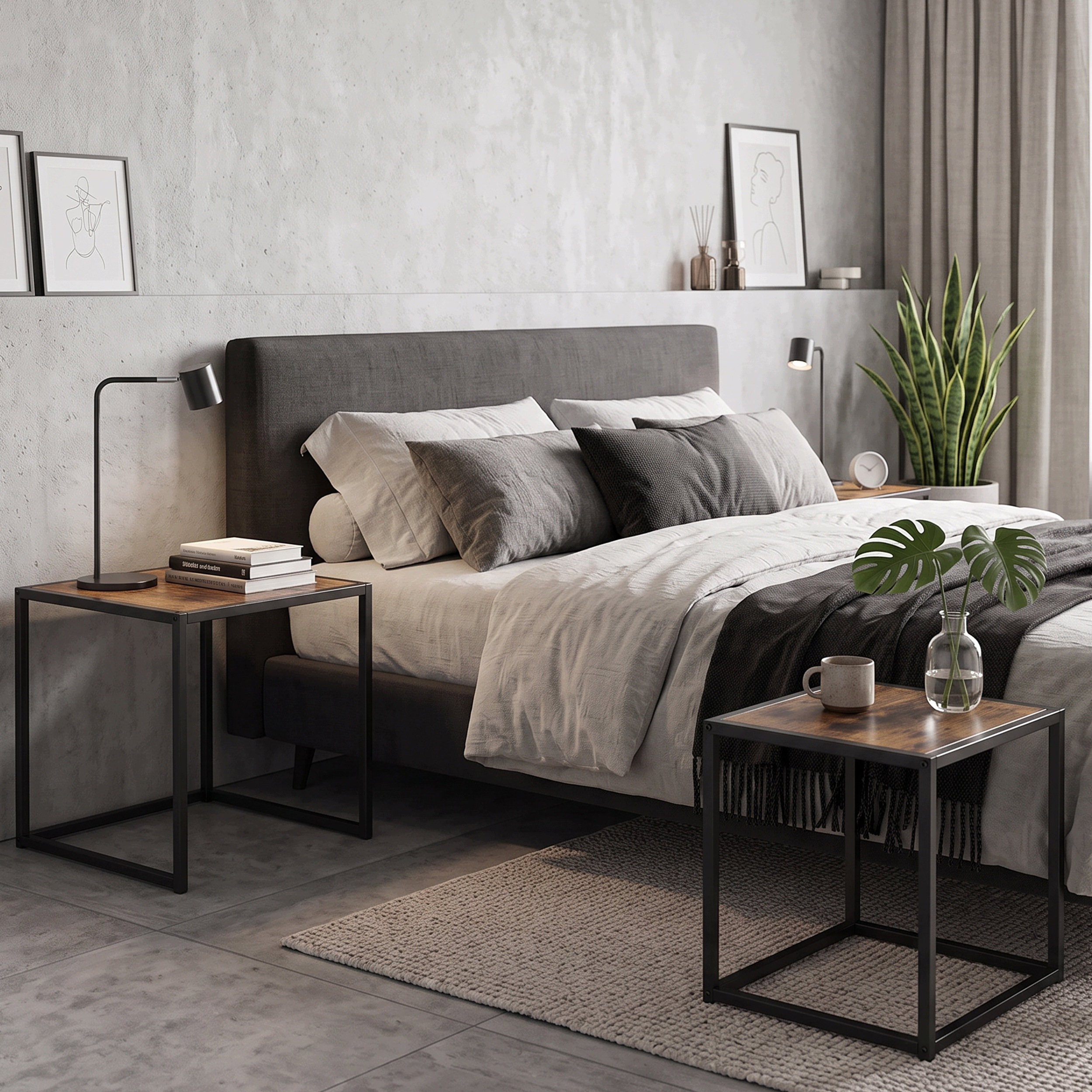 Set 2 masute de cafea tip cuib pentru living, design loft industrial cu cadru metalic, utilizare impreuna sau separat, suprapunere pentru economisirea spatiului, 40x40x45 cm si 30x30x40 cm, maro si negru - imagine 6