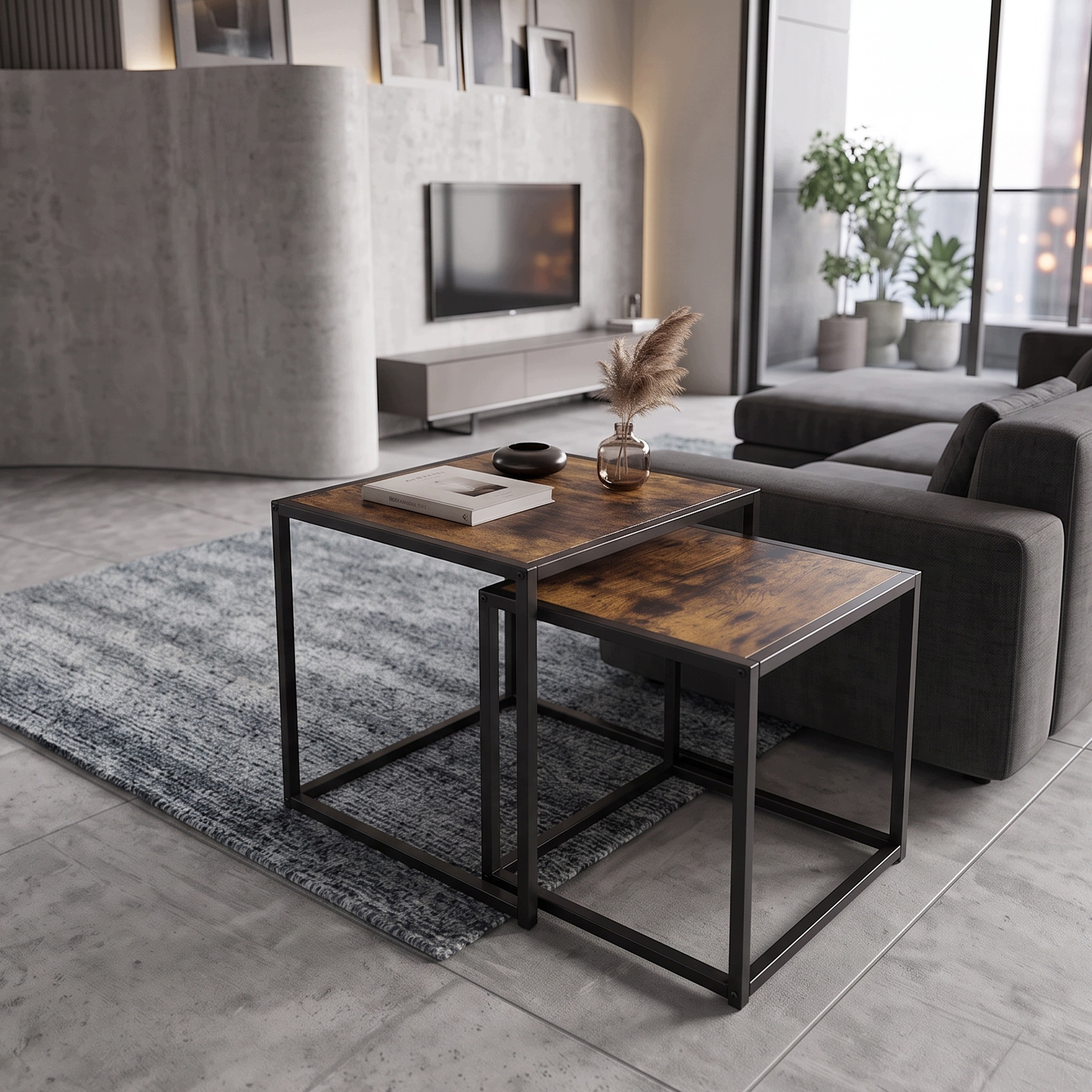 Set 2 masute de cafea tip cuib pentru living, design loft industrial cu cadru metalic, utilizare impreuna sau separat, suprapunere pentru economisirea spatiului, 40x40x45 cm si 30x30x40 cm, maro si negru - imagine 7