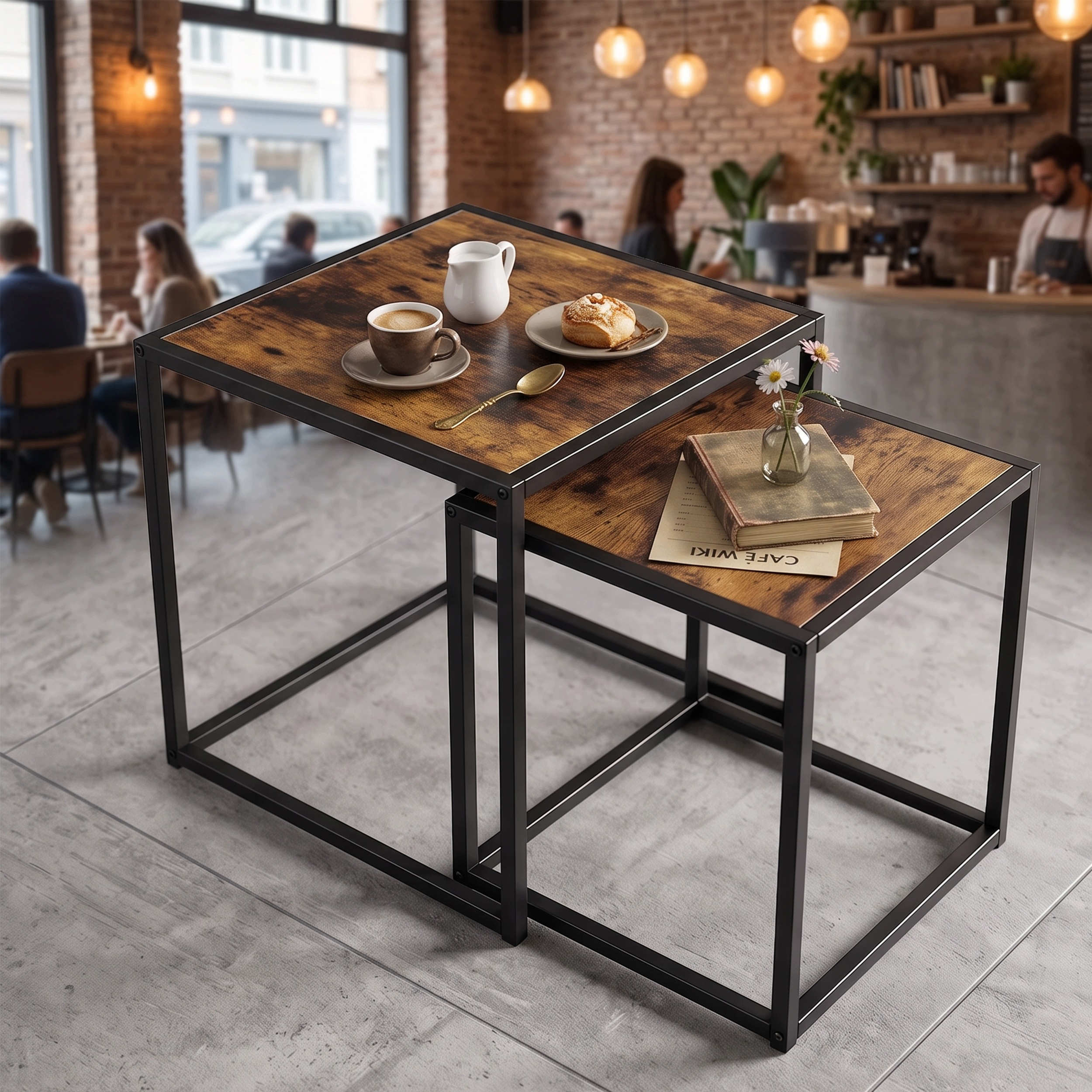 Set 2 masute de cafea tip cuib pentru living, design loft industrial cu cadru metalic, utilizare impreuna sau separat, suprapunere pentru economisirea spatiului, 40x40x45 cm si 30x30x40 cm, maro si negru - imagine 8