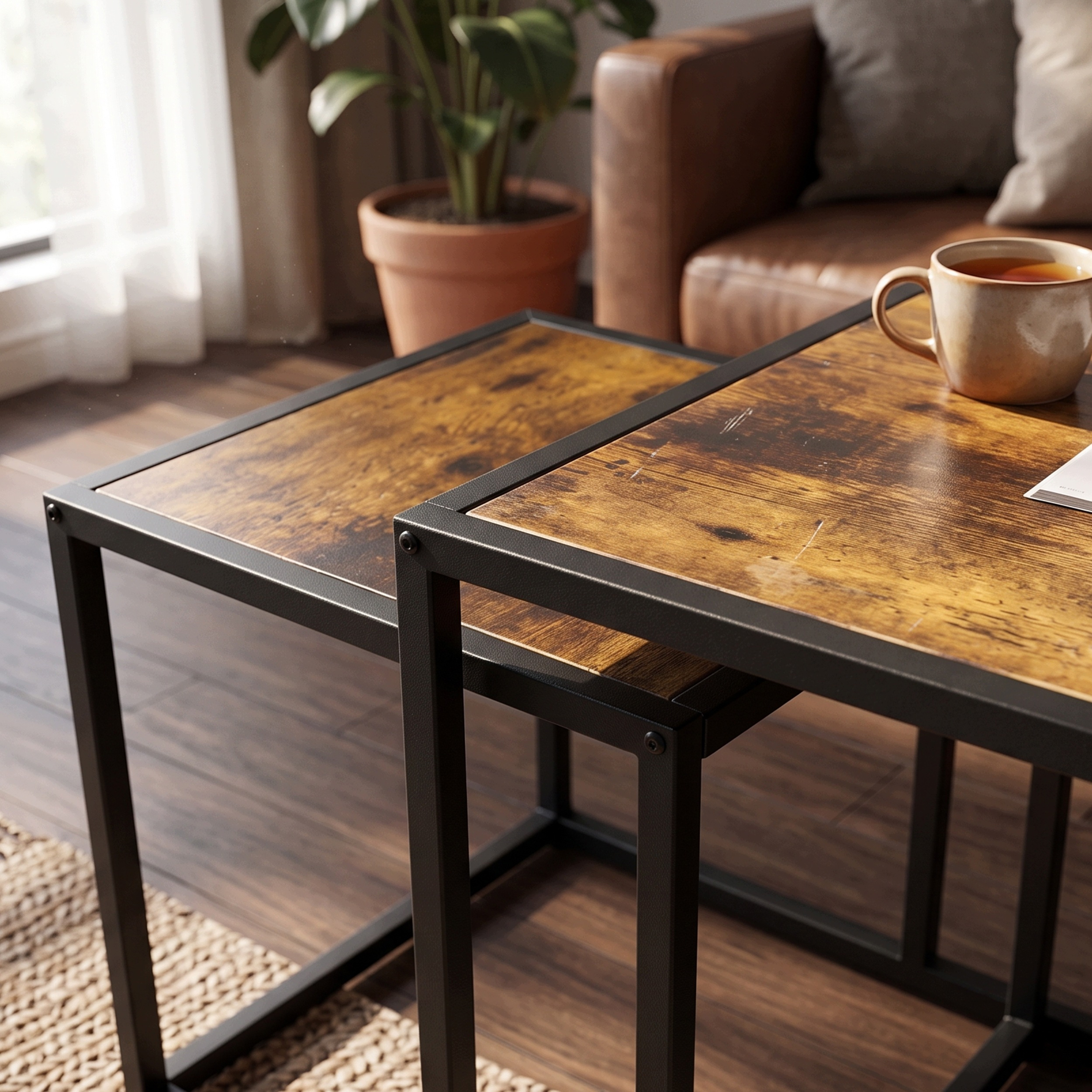 Set 2 masute de cafea tip cuib pentru living, design loft industrial cu cadru metalic, utilizare impreuna sau separat, suprapunere pentru economisirea spatiului, 40x40x45 cm si 30x30x40 cm, maro si negru - imagine 9