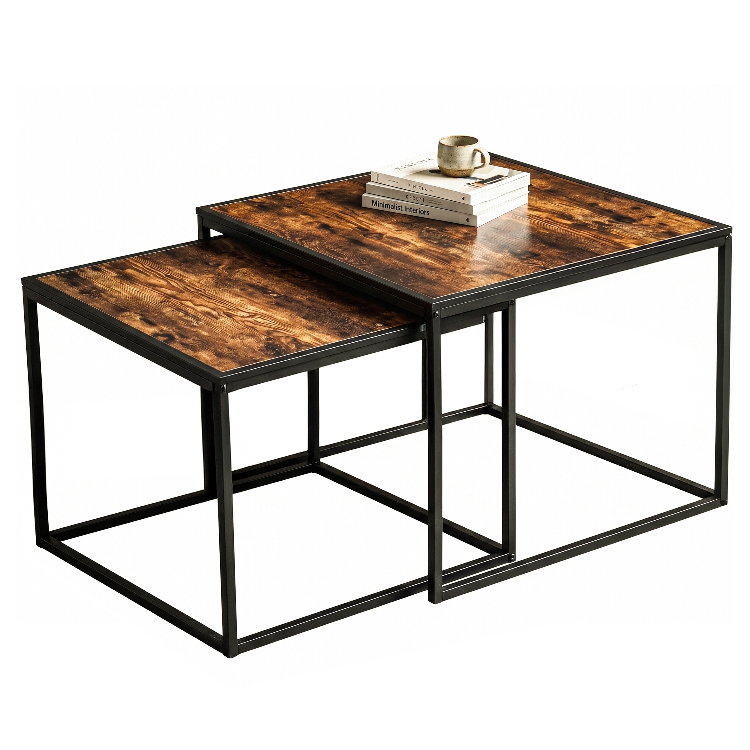 Set 2 masute de cafea tip cuib pentru living, design loft industrial cu cadru metalic, utilizare impreuna sau separat, suprapunere pentru economisirea spatiului, 40x40x45 cm si 30x30x40 cm, maro si negru - imagine 10