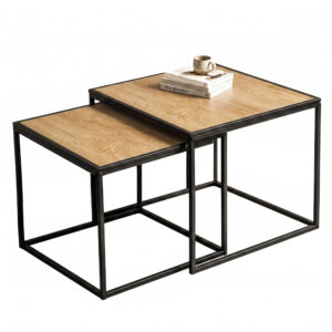 Set 2 masute de cafea tip cuib pentru living, design loft industrial cu cadru metalic, utilizare impreuna sau separat, suprapunere pentru economisirea spatiului, 40x40x45 cm si 30x30x40 cm, stejar deschis si negru