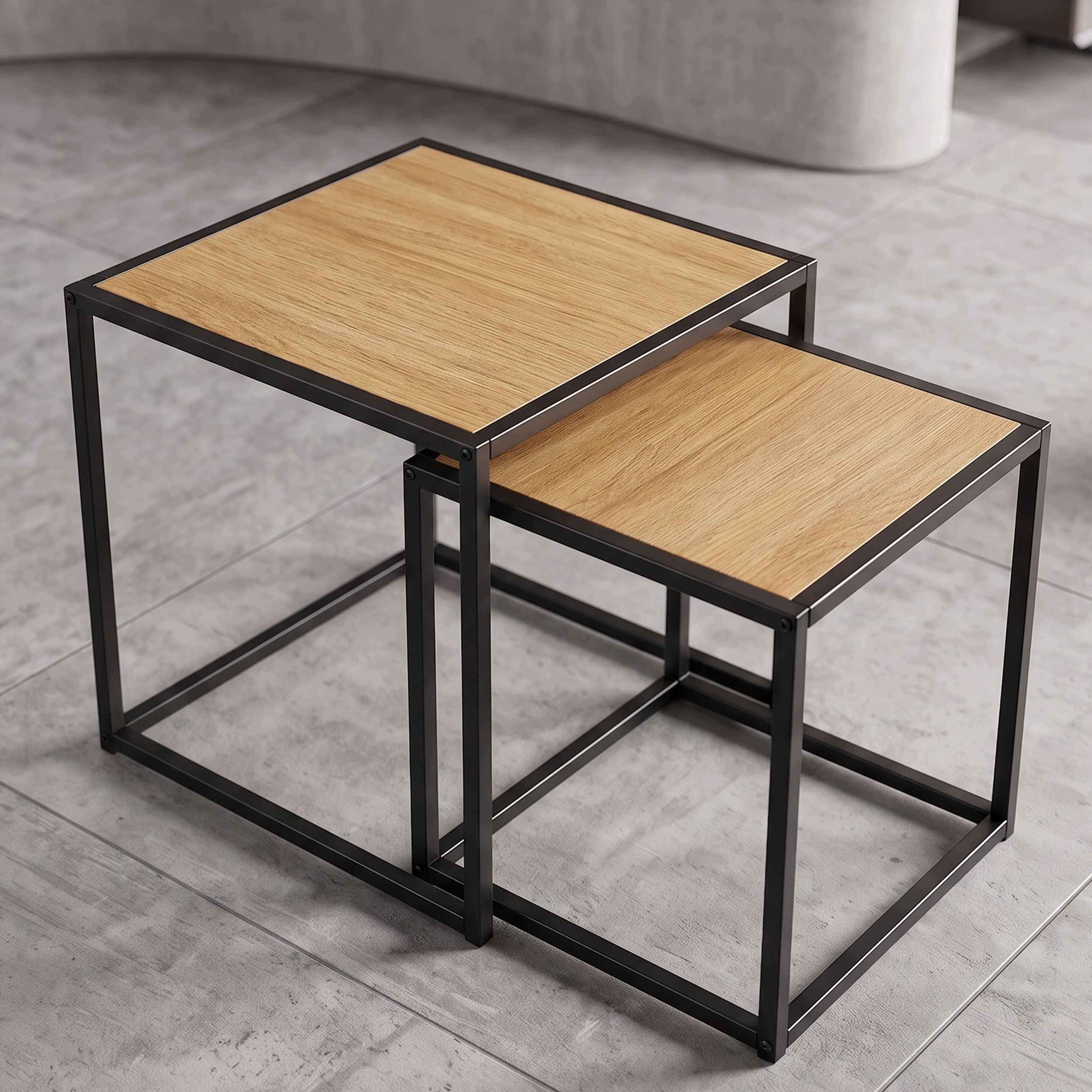Set 2 masute de cafea tip cuib pentru living, design loft industrial cu cadru metalic, utilizare impreuna sau separat, suprapunere pentru economisirea spatiului, 40x40x45 cm si 30x30x40 cm, stejar deschis si negru - imagine 4