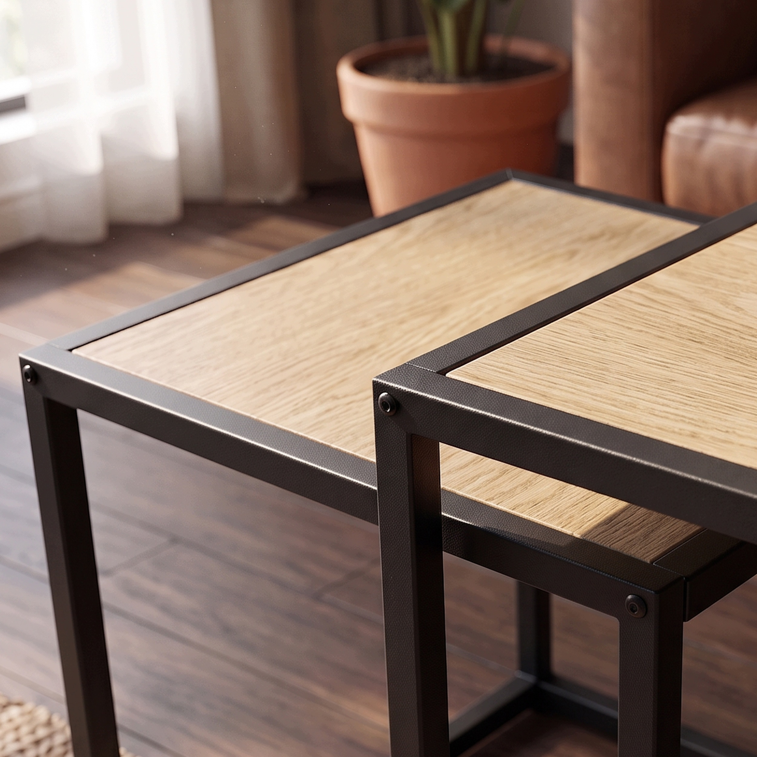Set 2 masute de cafea tip cuib pentru living, design loft industrial cu cadru metalic, utilizare impreuna sau separat, suprapunere pentru economisirea spatiului, 40x40x45 cm si 30x30x40 cm, stejar deschis si negru - imagine 6