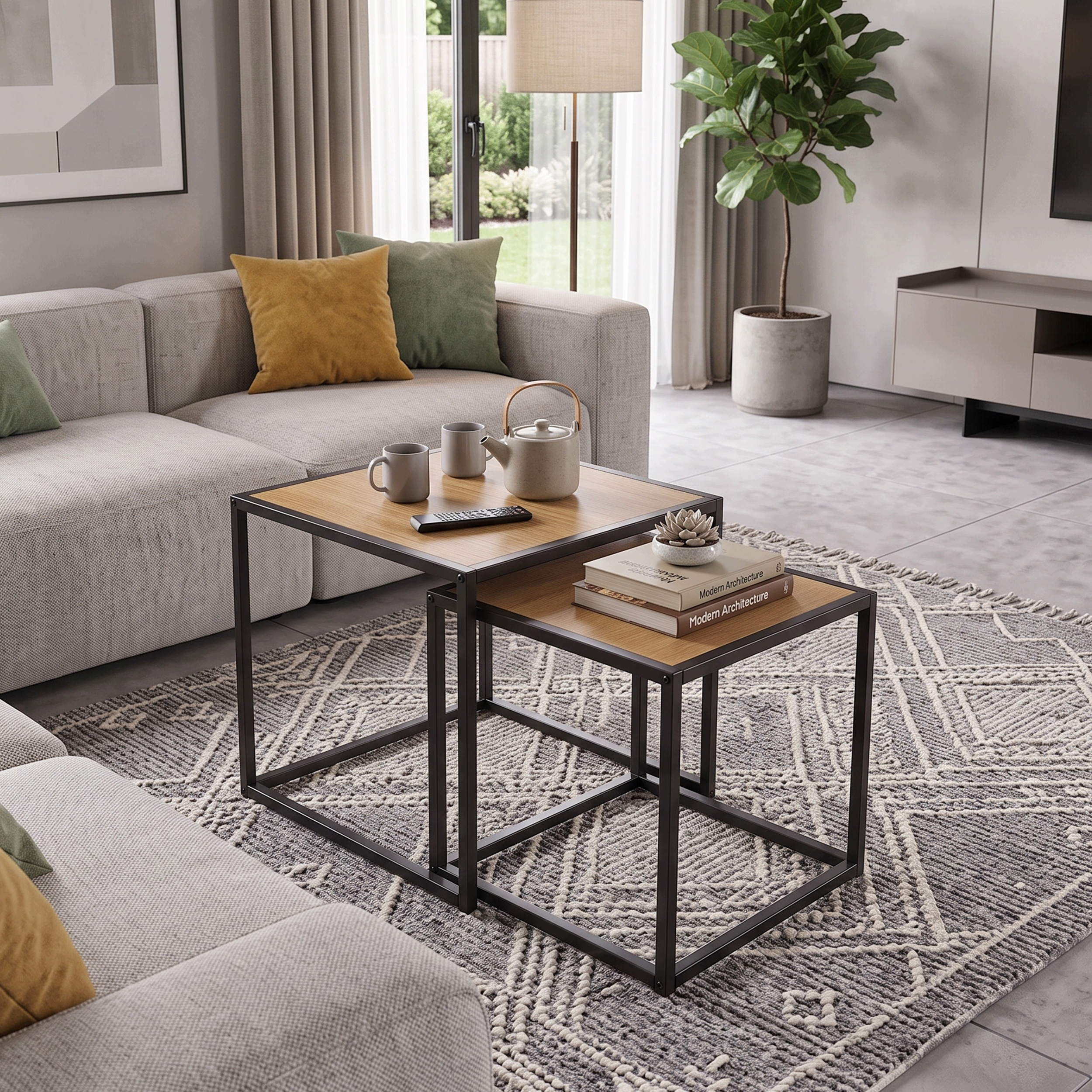 Set 2 masute de cafea tip cuib pentru living, design loft industrial cu cadru metalic, utilizare impreuna sau separat, suprapunere pentru economisirea spatiului, 40x40x45 cm si 30x30x40 cm, stejar deschis si negru - imagine 7