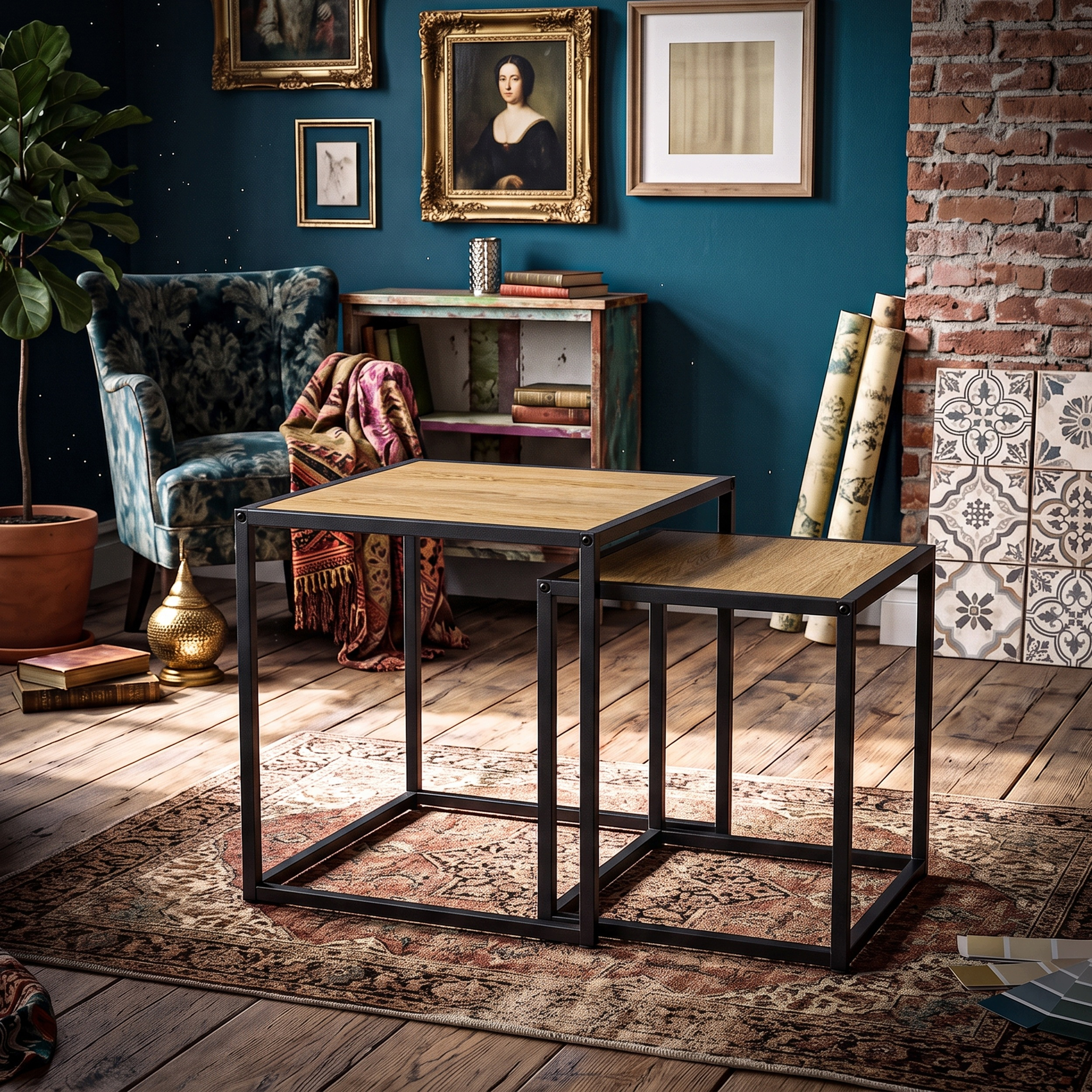 Set 2 masute de cafea tip cuib pentru living, design loft industrial cu cadru metalic, utilizare impreuna sau separat, suprapunere pentru economisirea spatiului, 40x40x45 cm si 30x30x40 cm, stejar deschis si negru - imagine 9