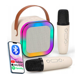 Set karaoke wireless cu 2 microfoane pentru duet si boxa Bluetooth portabila de 6 W, card TF si AUX, acumulator reincarcabil 800 mAh, design compact pentru petreceri si distractie acasa, ideal pentru copii si adulti