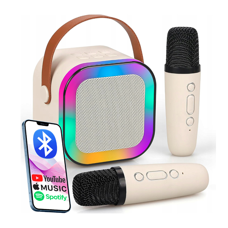 Set karaoke wireless cu 2 microfoane pentru duet si boxa Bluetooth portabila de 6 W, card TF si AUX, acumulator reincarcabil 800 mAh, design compact pentru petreceri si distractie acasa, ideal pentru copii si adulti