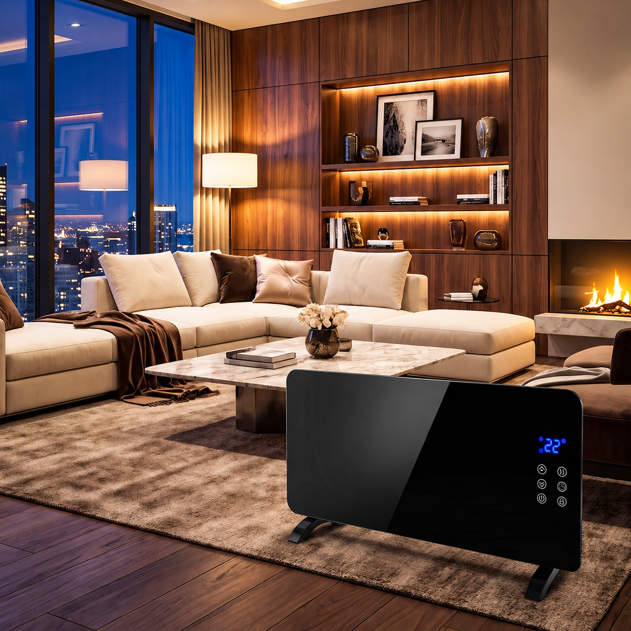 Convector electric 2000 W cu panou frontal din sticla securizata, 2 trepte de incalzire, termostat reglabil, afisaj LED si temporizator 24 ore, montaj pe perete sau podea, protectie IP24 impotriva stropilor de apa, 92x24x43 cm, negru - imagine 4